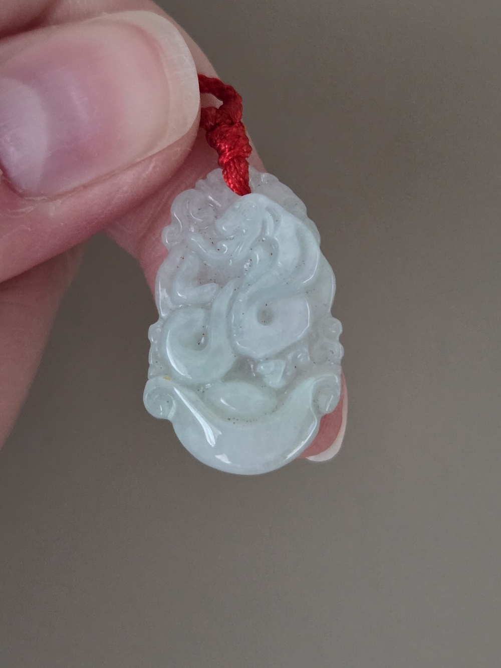 Carved Light Green Jade Pendant Necklace with Red Cord, Snake